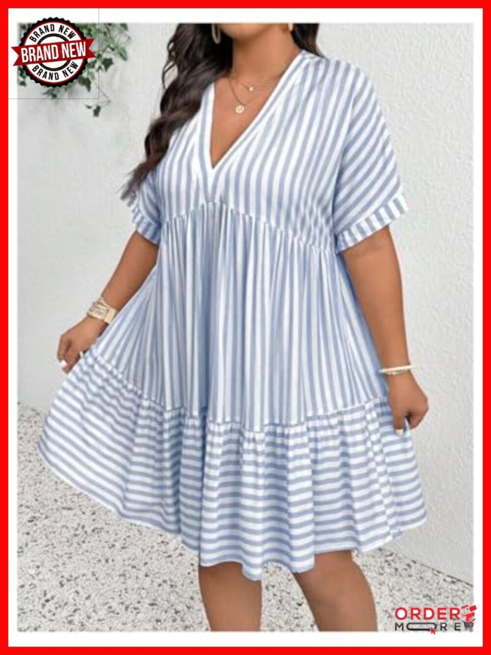 Plus Size Striped Ruffle Dress Deep V Neck Half Sleeve A-Line Babydoll Summer - Picture 2 of 4